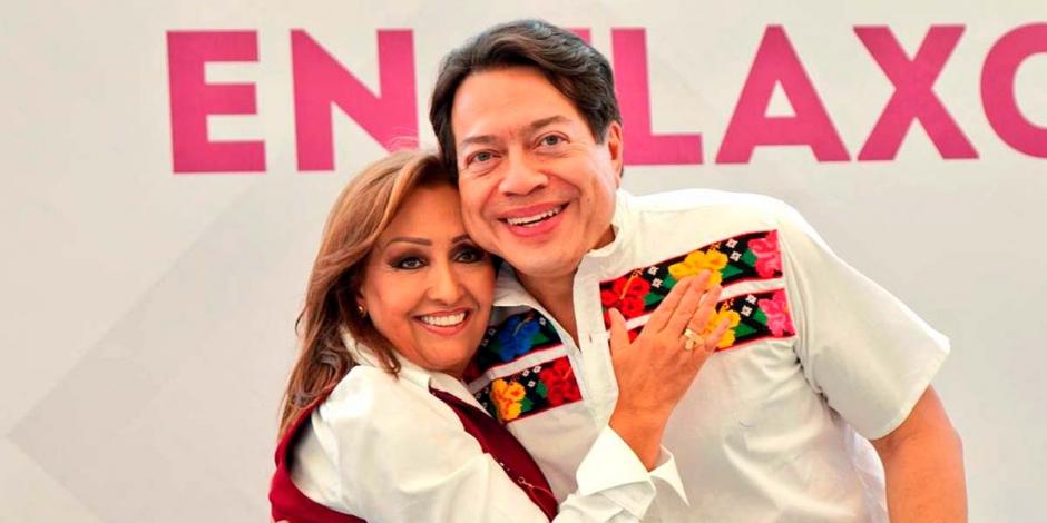 La gobernadora de Tlaxcala, Lorena Cuéllar, con el dirigente nacional de Morena, Mario Delgado