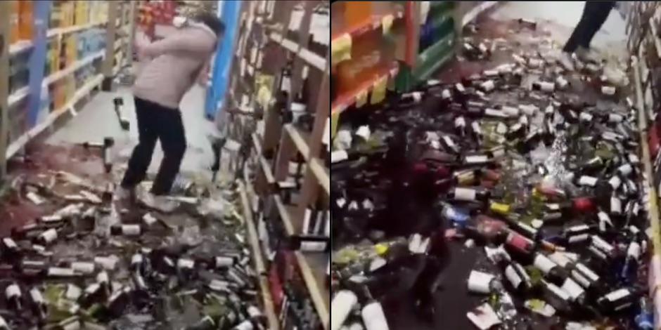 Mujer destroza botellas de vino de un supermercado luego de ser despedida. Foto: Especial