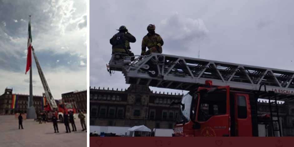 Ráfagas de viento enredan bandera en el Zócalo; bomberos acuden a liberarla