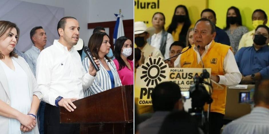 El dirigente nacional del PAN, Marko Cortés, y el dirigente nacional del PRD, Jesús Zambrano; ambos en su respectiva conferencia de prensa desde Coahuila.