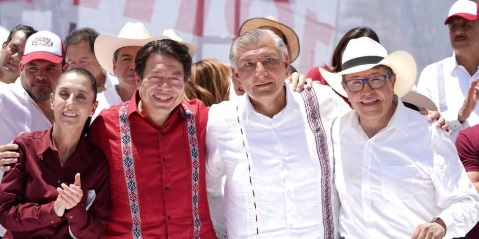 De izq. a der.: Claudia Sheinbaum, Mario Delgado, Adán Augusto López y Ricardo Monreal en evento de Coahuila.