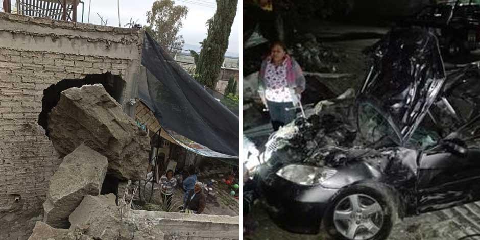 Desgaje de cerro daña vivienda y aplasta un auto en Valle de Chalco, Edomex