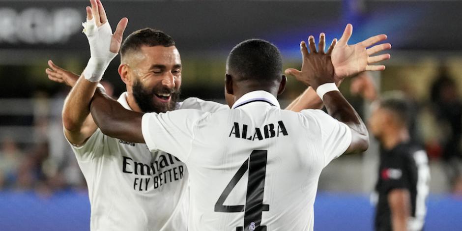 Benzema y Alaba celebran una de las dos anotaciones de la Supercopa de Europa el miércoles pasado.