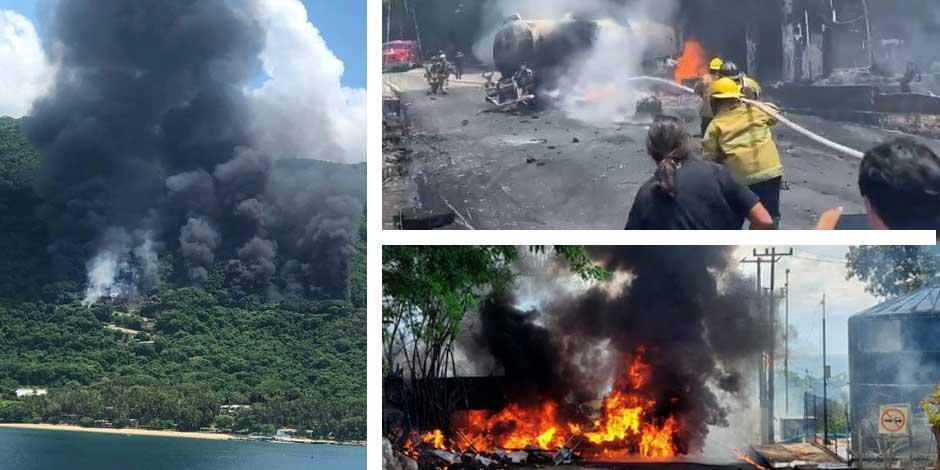 Explosión de pipa levanta columna de humo en Acapulco, Guerrero.