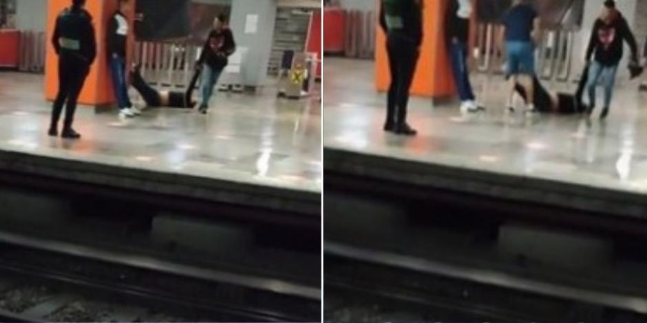"En las buenas y en las malas"; jóvenes arrastran a amigo pasado de copas en Metro de la CDMX (VIDEO).