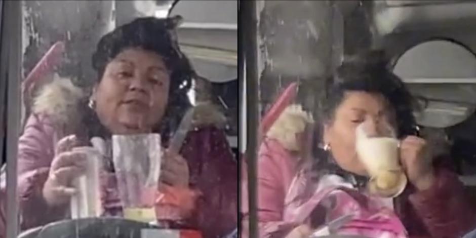 Mujer es captada en VIDEO preparándose una michelada en el transporte público. Foto: Especial