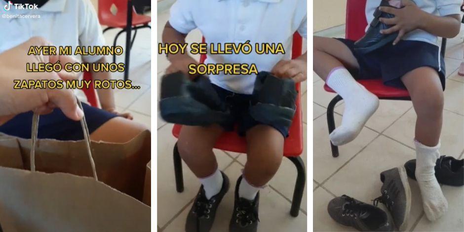 Maestra le regaló un par de zapatos a su alumno que llegó a clases con unos rotos.