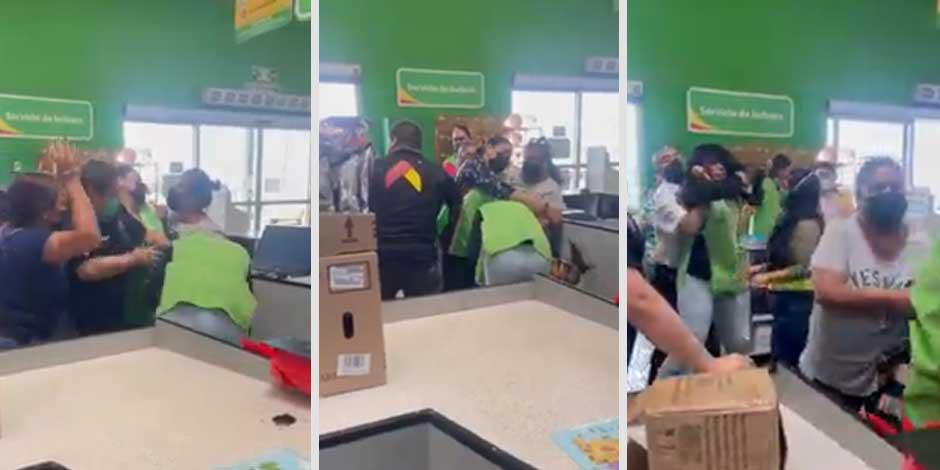 Varias mujeres intentan separar a una empleada y a una clienta que pelean en la zona de cajas de una tienda de autoservicio