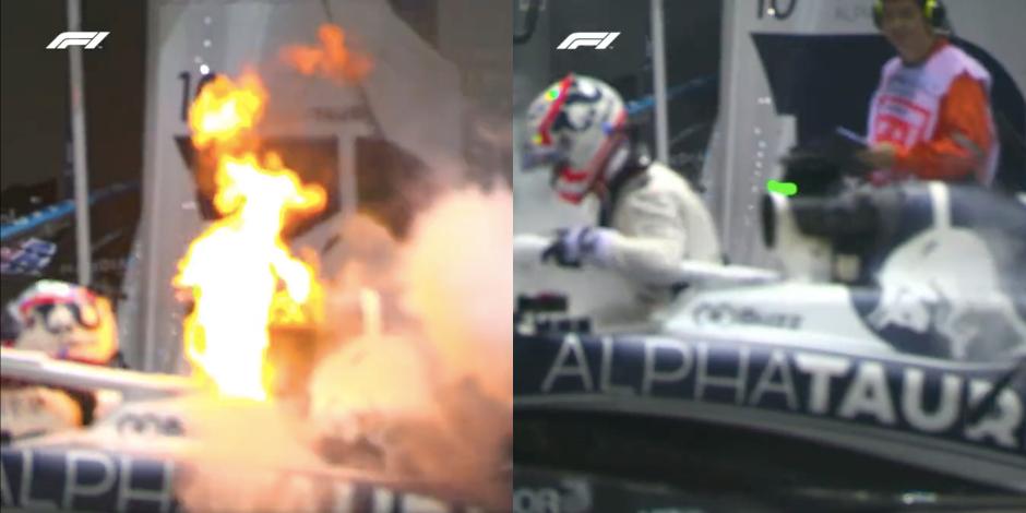 Pierre Gasly en el momento en que su monoplaza se incendiara repentinamente en la F1.
