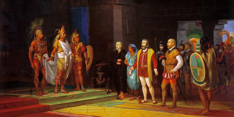 Juan Ortega, La visita de Cortés a Moctezuma, óleo sobre tela, detalle, 1855.