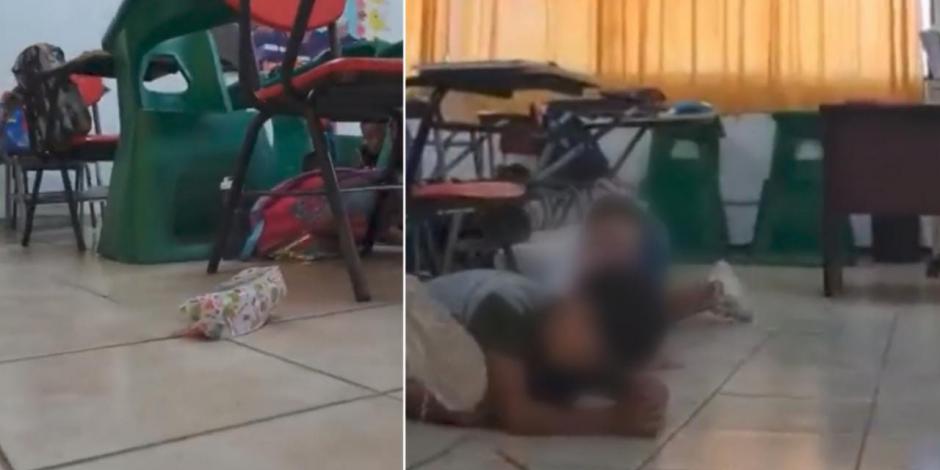 Balacera en Empalme, Sonora, provoca que menores de edad se replieguen en el suelo de su salón de clases.