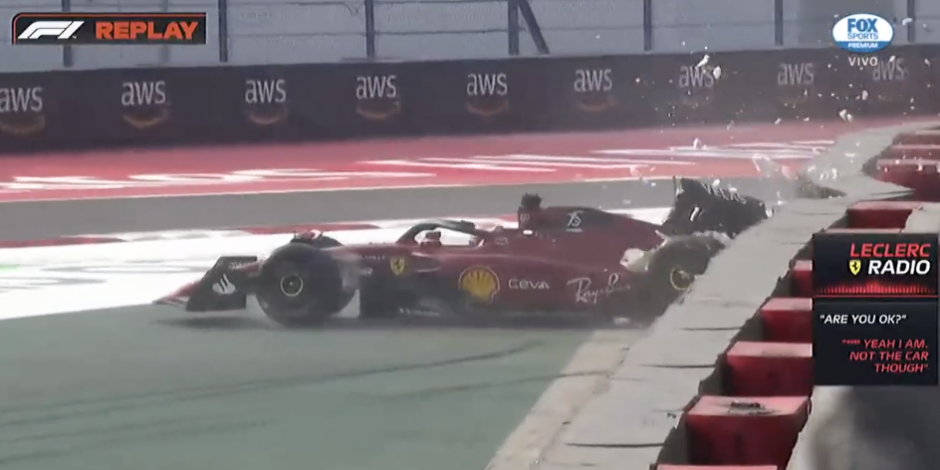 Momento exacto del choque de Charles Leclerc en la segunda práctica del Gran Premio de México de F1.