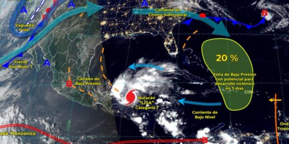 El Servicio Meteorológico Nacional (SMN) mantiene zona de prevención por efectos de huracán "Lisa" desde Chetumal hasta Puerto Costa Maya y desde ese punto hasta Puerto Allen, Quintana Roo