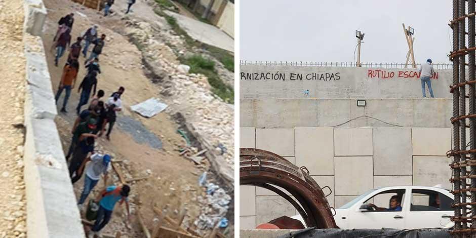 Normalistas de Mactumatzá lanzan bombas molotov contra trabajadores de la obra del Doble Paso a Desnivel en Tuxtla Gutiérrez