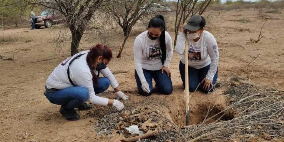Un grupo de buscadoras que recientemente encontró una fosa clandestina en Guaymas, revisa los restos extraídos, como se aprecia en esta  imagen de archivo.