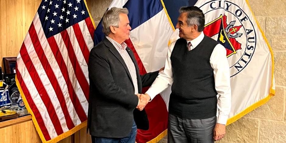 El gobernador Américo Villarreal Anaya se reunió con el con el alcalde de la ciudad de Austin, Steve Adler para establecer lazos de cooperación comercial.