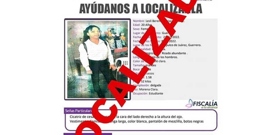 FGE logra la localización de Lesli Berenice Palacios Pérez, desaparecida en Acapulco de Juárez