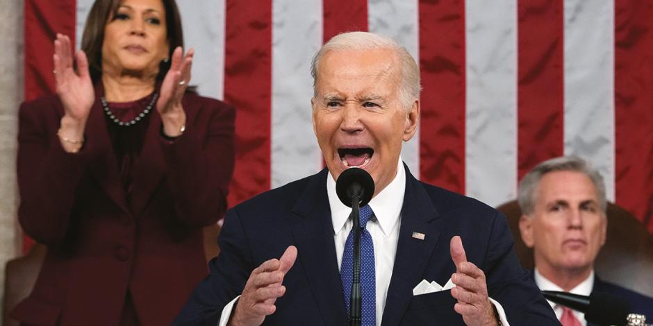 El  mandatario Joe Biden, en su discurso sobre el Estado de la Unión, en una sesión conjunta del Congreso en el Capitolio de Washington, D. C., ayer.