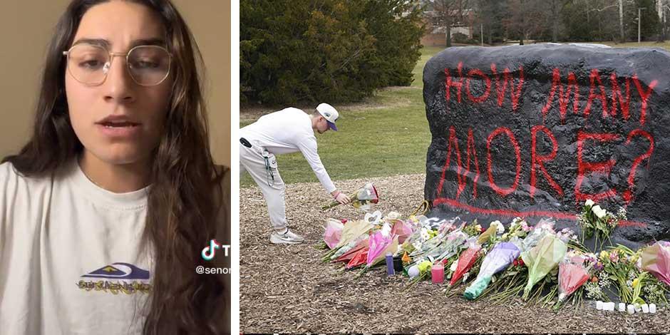 En la imagen, Jackie Matthews, estudiante de 21 años de edad de la Universidad Estatal de Michigan. Una persona deja flores en The Rock en los terrenos de la MSU tras tiroteo 