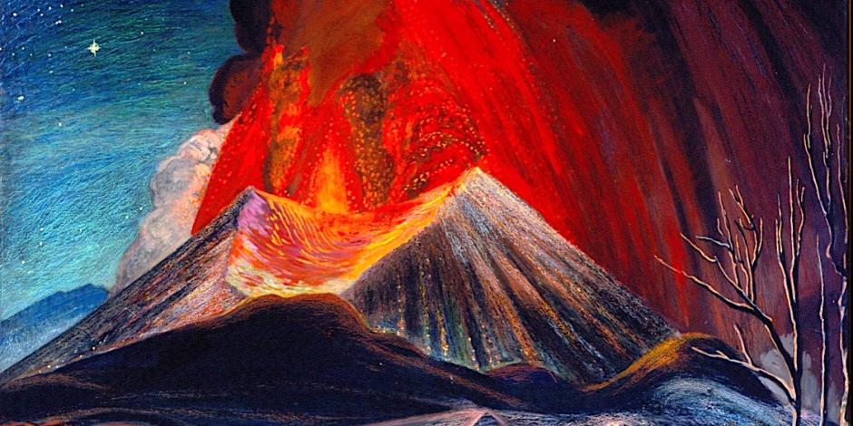 Dr. Atl, Erupción del Paricutín, color sobre madera, detalle, 1943.