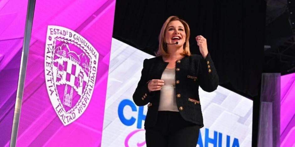 Maru Campos, gobernadora de Chihuahua, durante su primer Informe de Resultados.