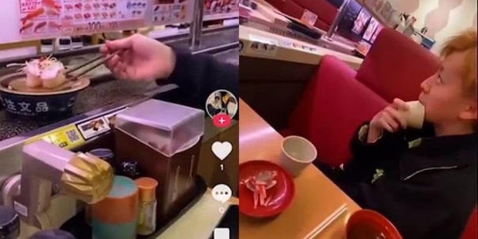 Los jóvenes lamen los platillos y los devuelven a las bandas giratorias en los restaurantes de sushi en Japón.