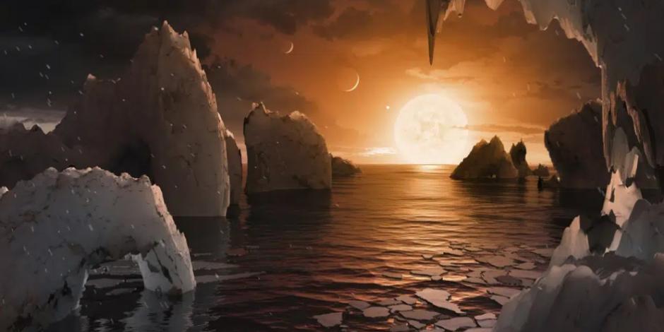 Imagen de un artista proporcionada de NASA/JPL-Caltech de cómo podría ser la superficie del exoplaneta TRAPPIST-1f, según datos disponibles sobre su diámetro, masa y distancia de la estrella que orbita.
