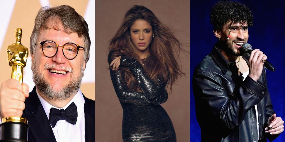 En la imagen de izquierda a derecha: Guillermo Del Toro, Shakira y Bad Bunny
