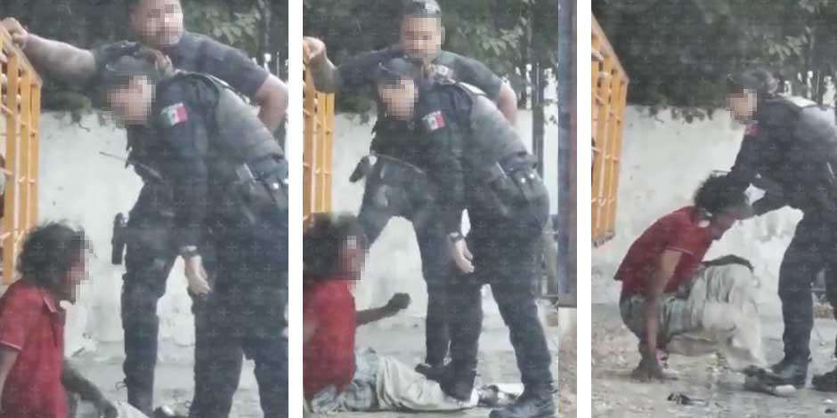 La secuencia de imágenes muestran el momento en que dos policías agreden a una persona en situaciónd ecalle