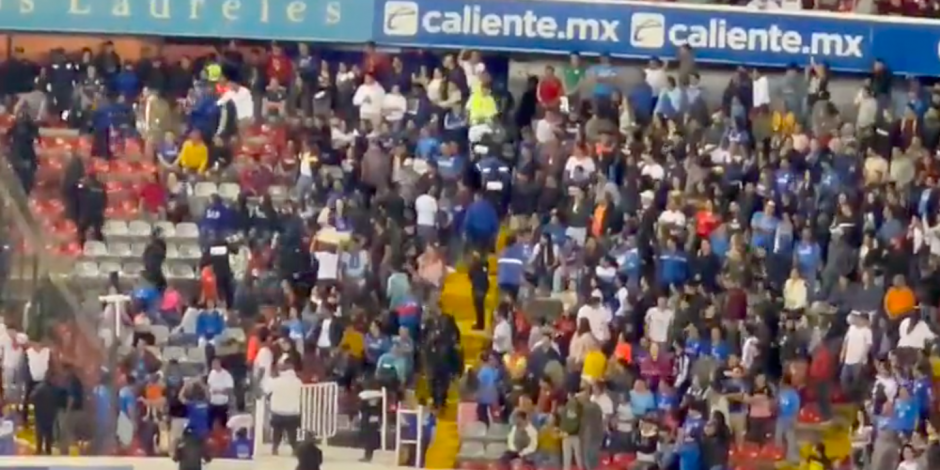 Aficionados se pelean en el Estadio Corregidora durante el partido entre Querétaro y Pumas.