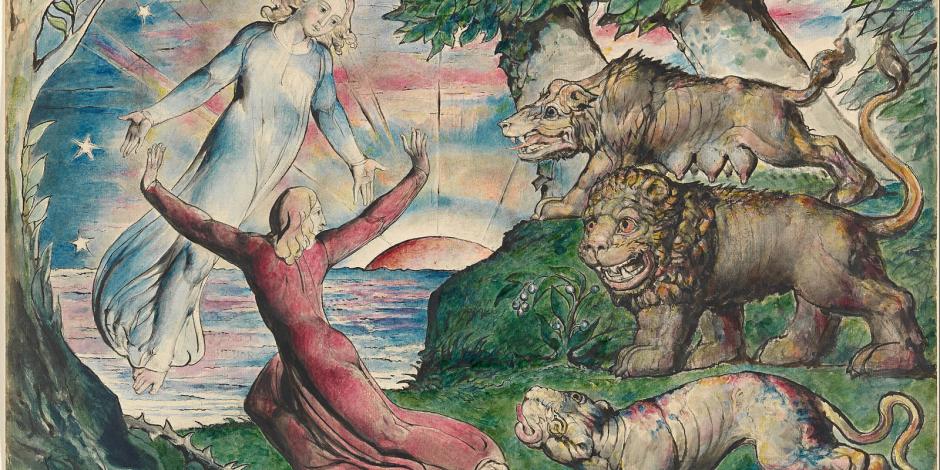 William Blake, Dante huyendo de las tres bestias, tinta, acuarela y lápiz, 1824-1827.