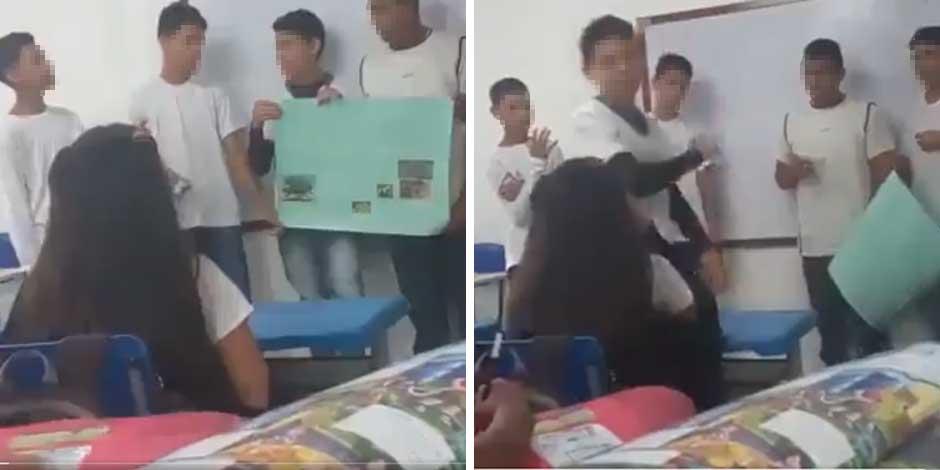 La secuencia de imágenes muestra el momento en que un joven agrede a su compañera de clase porque se burló de él durante una exposición