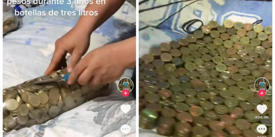 A través de redes sociales se volvió viral un joven que ahorró durante 3 años monedas de diez pesos en botellas refrescos.