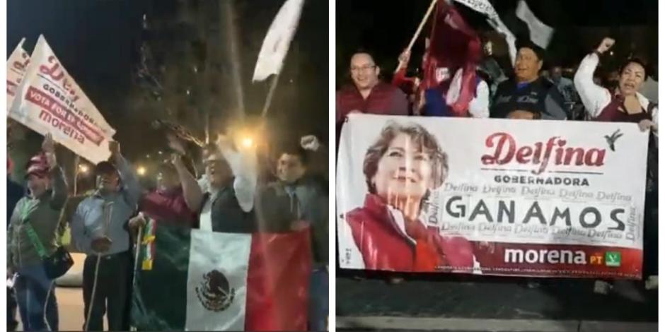 Simpatizantes de Delfina Gómez comienzan a llegar a la Plaza de los Mártires para celebrar el virtual triunfo de la candidata.