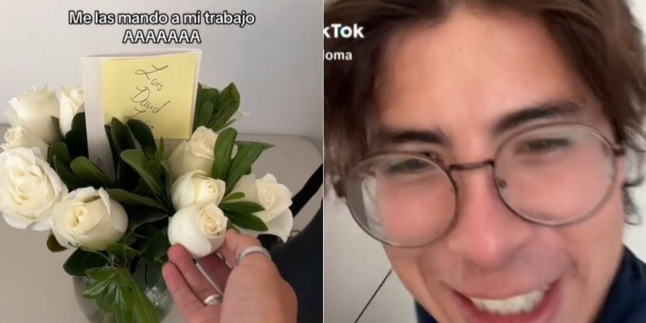 Una chica le regaló flores a su novio; él se emocionó mucho.