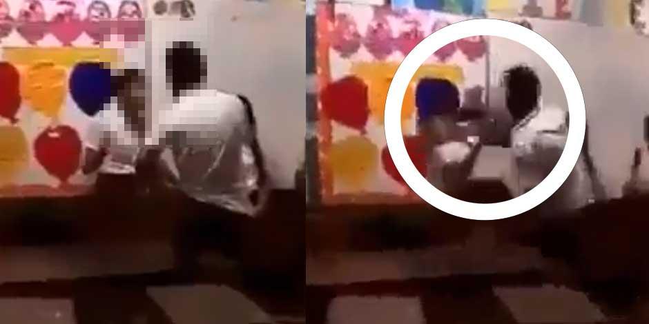 La secuencia de imágenes muestra el momento en que un joven arremete a puñetazos contra una alumna en un salón de clases