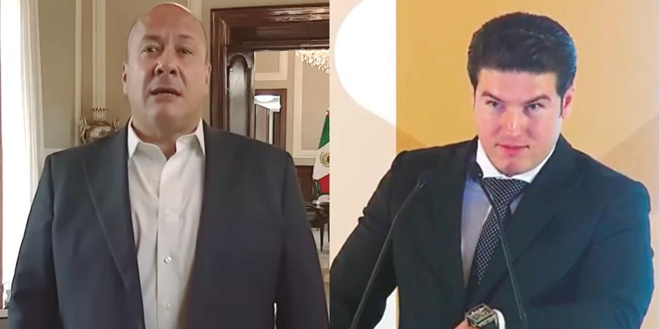 El gobernador de Jalisco, Enrique Alfaro, en su videomensaje emitido (der), ayer, el mandatario estatal de Nuevo León, ayer en conferencia de prensa (izq).
