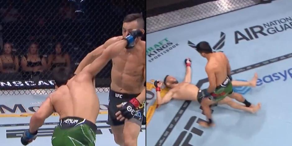 El mexicano Jesús Aguilar al momento del golpe que le dio la victoria en UFC 290