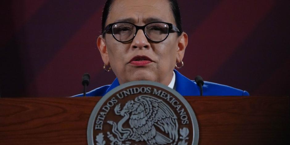 Rosa Icela Rodríguez durante la conferencia matutina con motivo del informe de seguridad en Palacio Nacional de este martes 11 de julio.