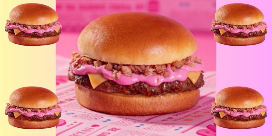 La Pink Burger tiene doble carne, papas y un aderezo rosado.