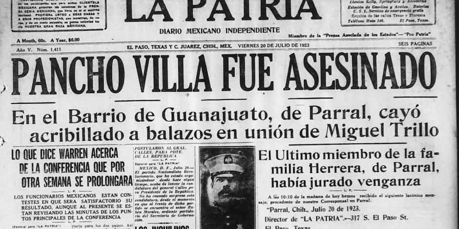 Portada de periódico sobre la muerte de Francisco Villa.