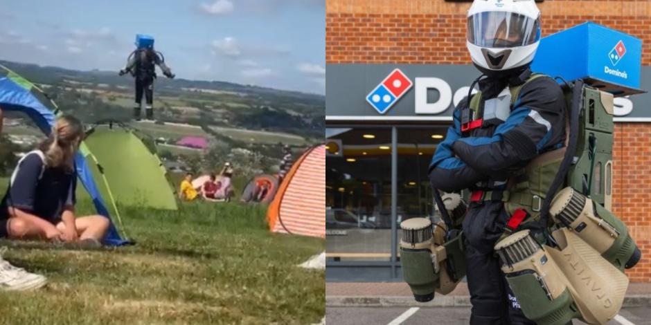 Repartidor de pizza hace entregas con jetpack, una mochila que vuela, en Reino Unido.