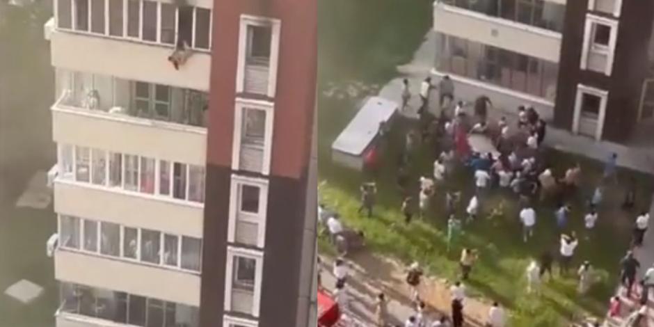 Personas saltan desde las ventanas de un edificio de departamentos de 16 pisos para no morir quemados durante un incendio.