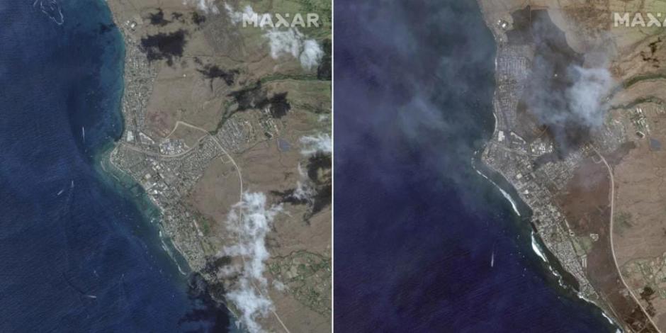 Esta combinación de imágenes provistas por Maxar Technologies muestra una vista aérea de Lahaina, en Maui, Hawai.
