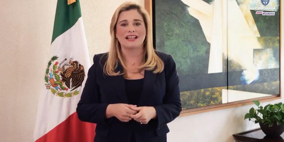 La gobernadora de Chihuahua en un videomensaje, ayer.
