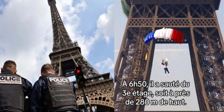 ¡De contrabando! Hombre escala Torre Eiffel y salta en paracaídas.