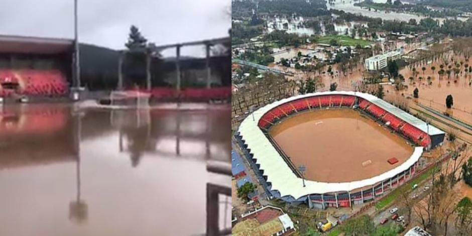 Estadio Fiscal de Talca, en Chile, se inunda tras desbordamiento de río por fuertes lluvias.