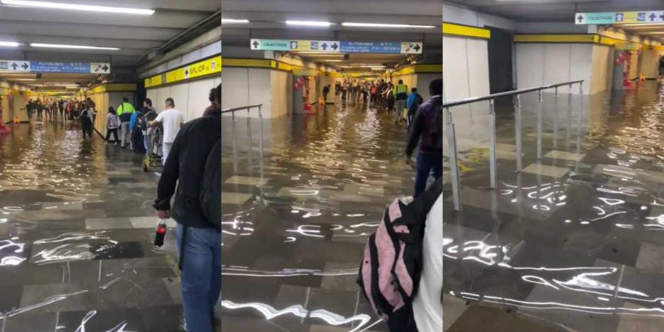 Pasillos del Metro Pantitlán quedan encharcados por fuerte lluvia.