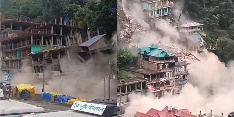 Colapsan como fichas de dominó varios edificios por deslizamiento de tierra tras devastadoras lluvias en India.