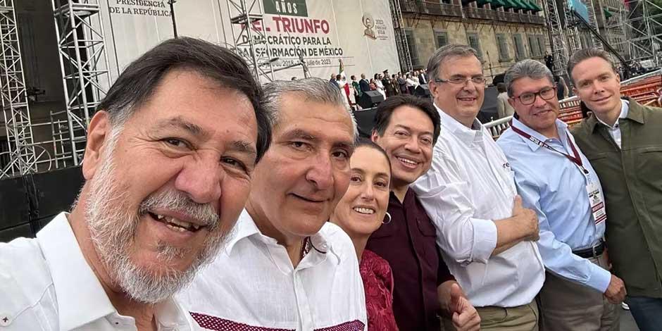 Aspirantes a coordinar la defensa de la 4T en el Zócalo, el 01 de julio de 2023, en el marco del festejo por los 5 años del triunfo en las urnas de AMLO
